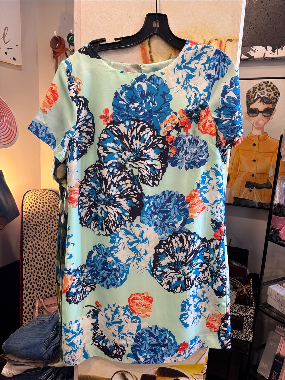 J. Crew Mint Mini Dress with Bold Blue Floral Print